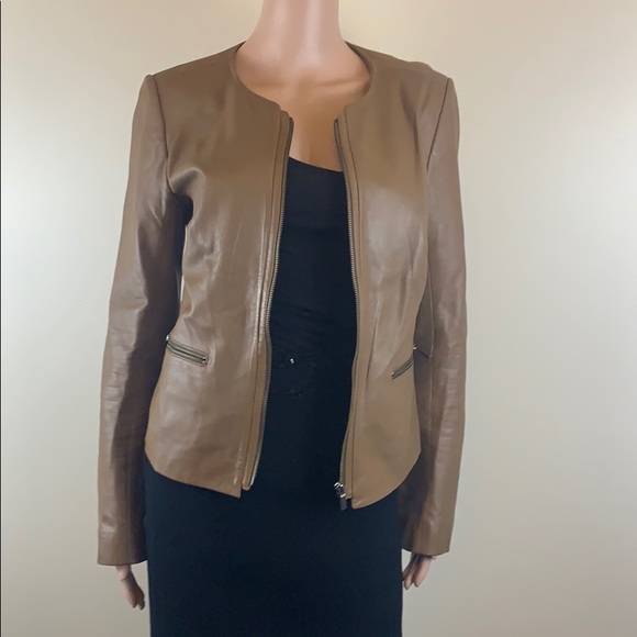 halogen collarless leather jacket